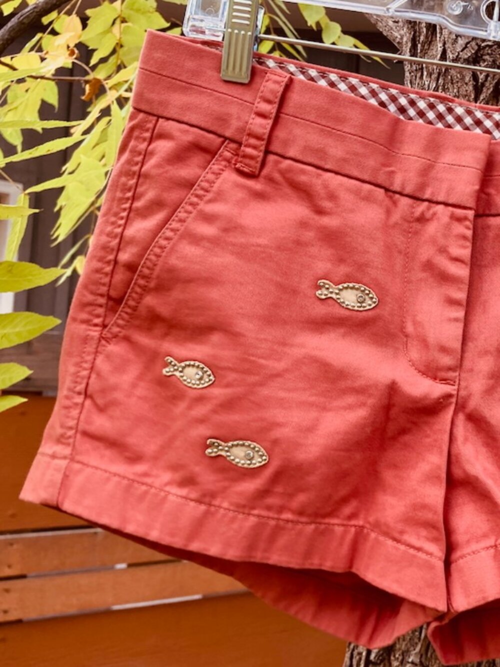 J.Crew Womens Chino Shorts Coral Pink Fish Studded Rhinestone Appliqué Size 4